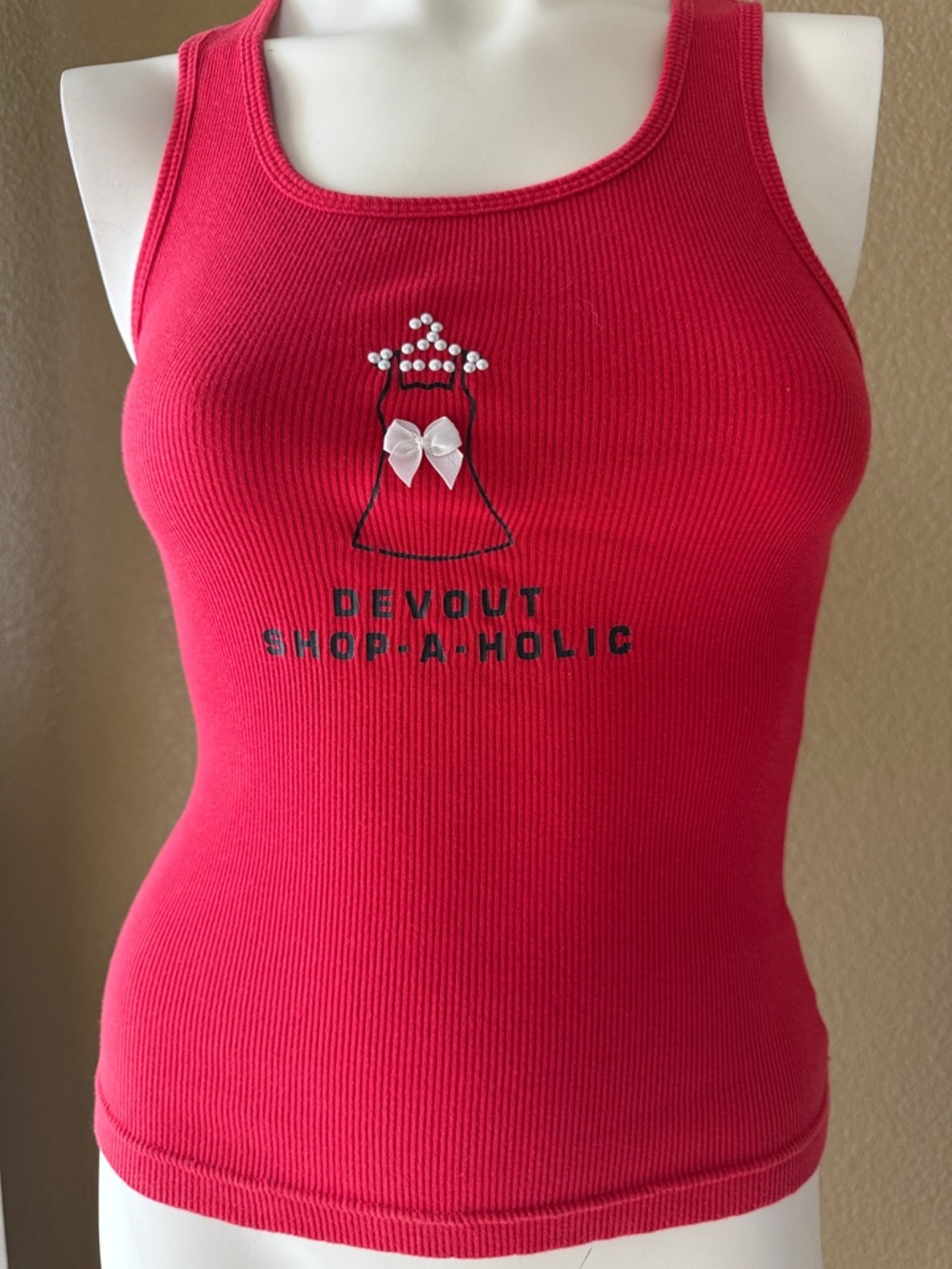 Red Ribbed Tank Top with Embellished Graphic